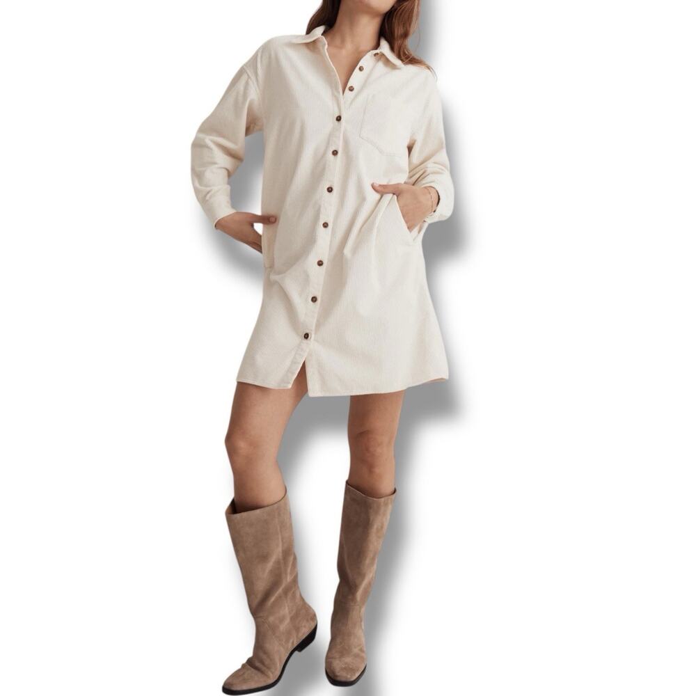 Madewell Size XS Ivory 100% Cotton Corduroy Mini Shirtdress Pockets Cottage